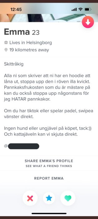 Profil på sociala medier med text om personlig information och preferenser.