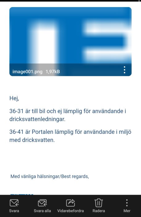 Svårtydd skärmbild av ett e-postmeddelande med information om lämplighet för gängtätning i dricksvattensystem.