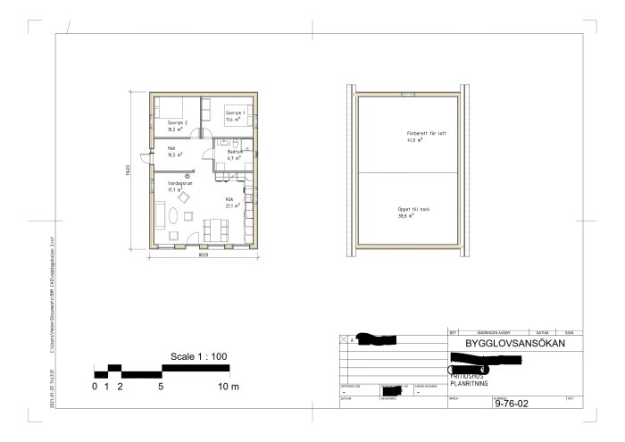 Ritning för enplans fritidshus med öppen planlösning, sovrum, kök och loft, skala 1:100.