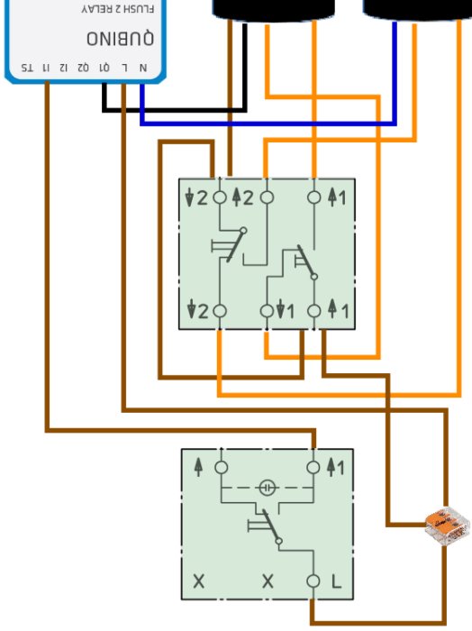 Elektriskt kopplingsschema med säkringar, reläer och brytare, inritad säkring saknas.