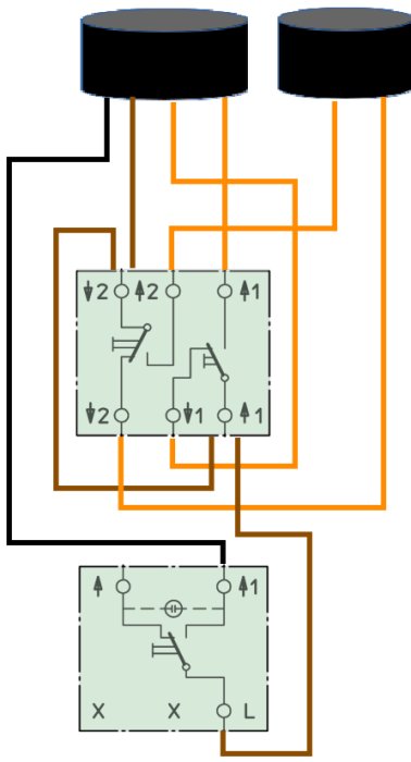 Schematisk illustration av elektriska kretsar och komponenter kopplade till två cylindrar.