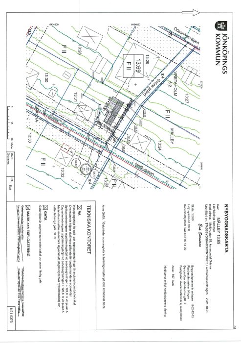 Ritning av en fastighetsplan med markeringar för byggnader och landskapsdetaljer, från Jönköpings kommun.