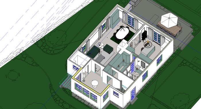 3D-vy från sydväst av en planlösning för bottenvåning med möbler och trädgård.