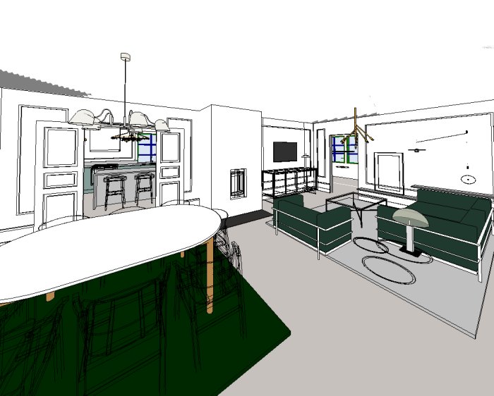 3D-skiss av en ny planlösning för bottenvåningen med möblerat vardagsrum och kök.