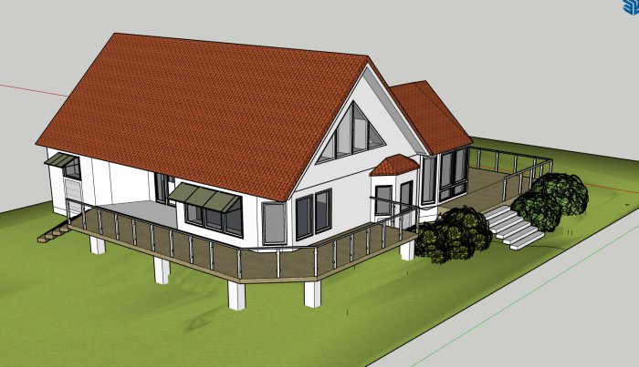 Sketchup-ritning av ett vitt hus med röd takbeklädnad, omgivet av gröna buskar och en terrass.