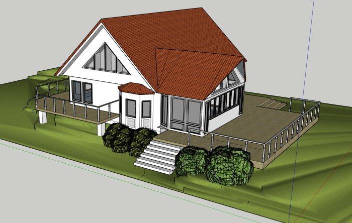 Sketchup-ritning av ett enplanshus med sadeltak, veranda och grönområde.