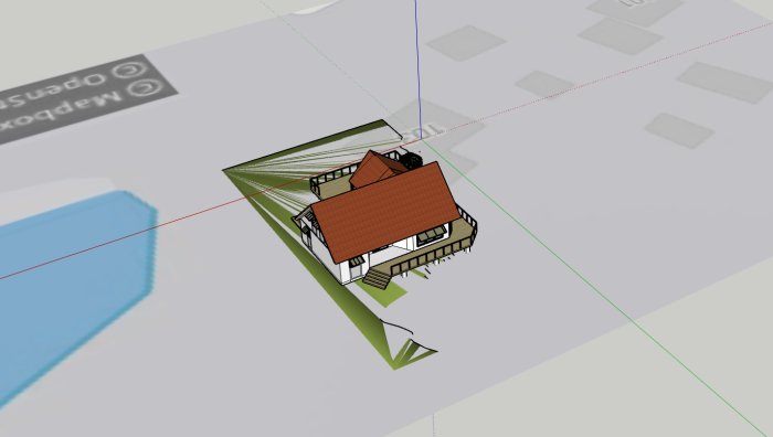 3D-modell av ett hus orienterat åt fel håll i designprogram med omgivande axlar och markplan.