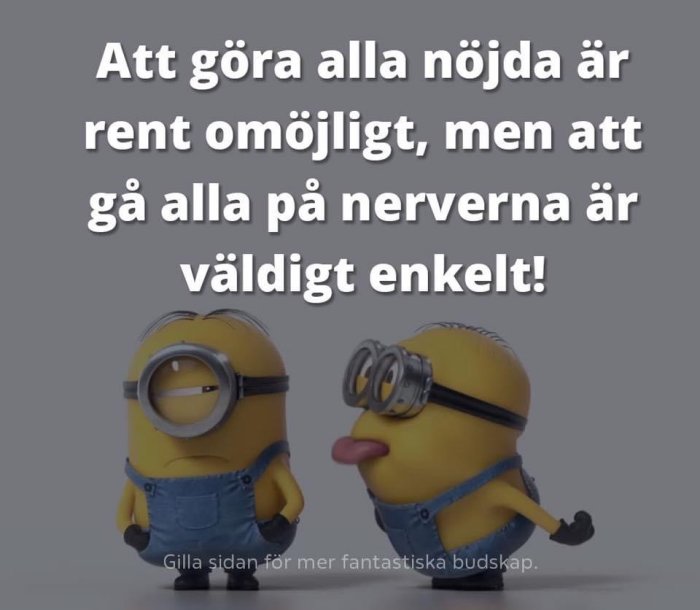 Två Minion-figurer och en text som säger "Att göra alla nöjda är rent omöjligt, men att gå alla på nerverna är väldigt enkelt!