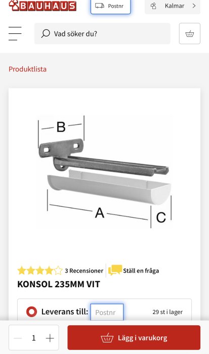 Dold konsol i vit metall för hyllmontering, markerade mått A, B och C, visas mot vit bakgrund.