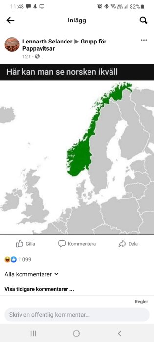 Karta som visar Norge färglagt i grönt mot en grå bakgrund av Europa.