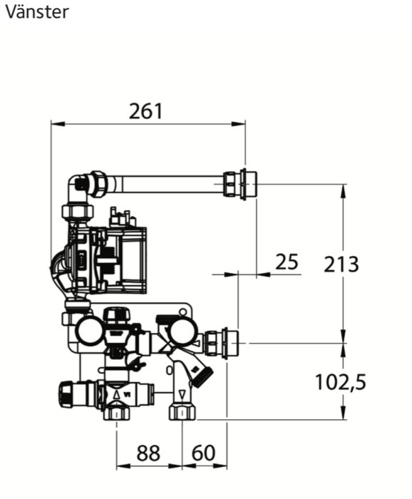 Schematisk ritning av en fördelarshunt för golvvärme med måttangivelser.