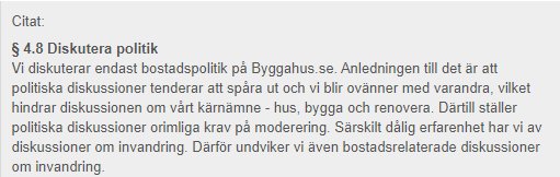 Skärmdump av forumets regler som förbjuder politiska diskussioner.