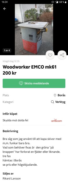 Använd Woodworker EMCO mk61 bordscirkelsåg för 200 kr med möjlig defekt knapp, står utomhus.