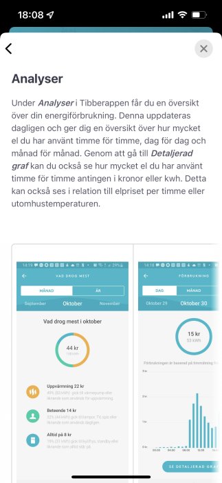 Skärmdump av mobilapp visar energianalyser med förbrukningsöversikt, detaljerade grafer och kostnad per kategori.