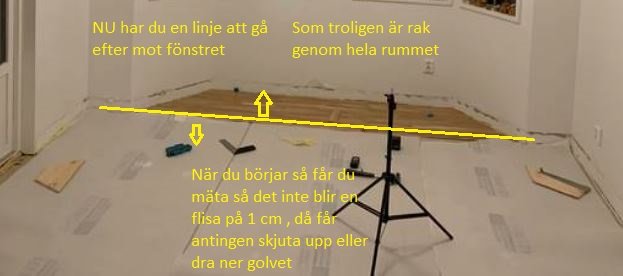 Golvläggning med mätplattor och verktyg i ett rum under renovering, markerade anvisningar för korrekt läggning.