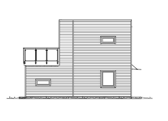 Ritning av en husfasad med olika höjder och enkla fönster, avsett som plan för ett fritidshus enligt byggregler.