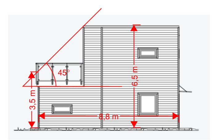 Ritning av husfasad med angivna mått och takvinkel, troligen modell Vixen från Götenehus.