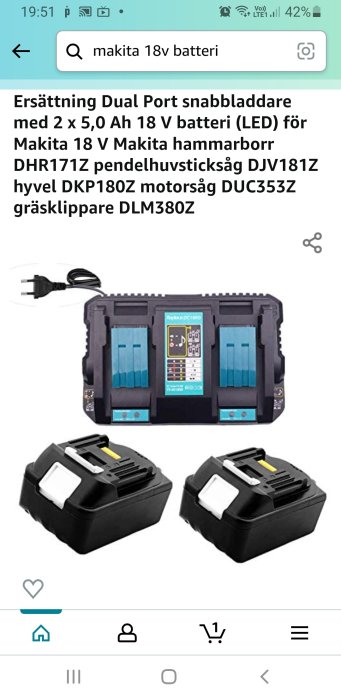 Ersättningsbatteripaket med snabbladdare och två svarta 18V batterier för Makita verktyg.