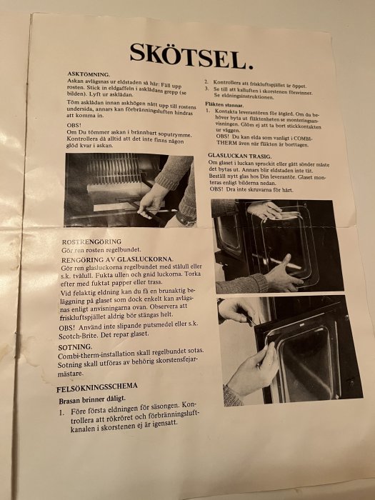 Instruktionsblad för skötsel av ugn med text och bilder på asktömning, glasluckans rengöring och sotning.