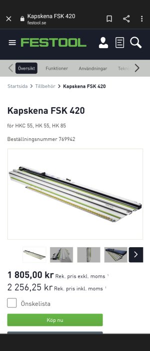 Kapskena FSK 420 från Festool, avsedd för sågar HKC 55, HK 55, HK 85, visad på en produktsida med prisinformation.