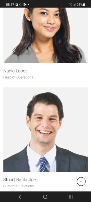 Porträtt av en leende kvinna och man med texten "Nadia Lopez, Head of Operations" och "Stuart Banbridge, Customer Relations".