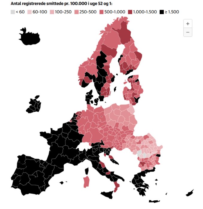Karta som visar antalet registrerade COVID-19 fall per 100.000 invånare i Europa, med olika färgkoder för incidensnivåer.