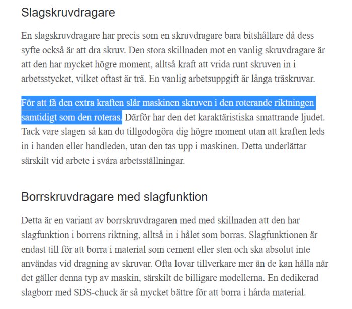 Skärmbild av en text från en hemsida om olika typer av skruvdragare, med fokus på en sektion om slagsskruvdragare.