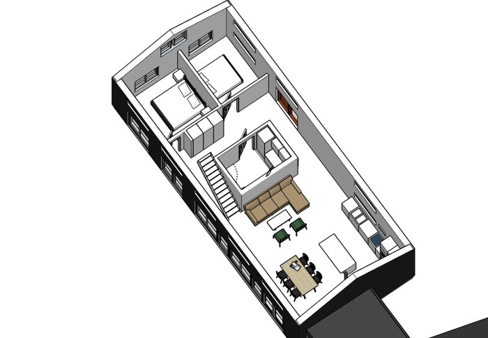 3D-ritning av ett fritidshus planlösning med markerad plats för värmepanna.