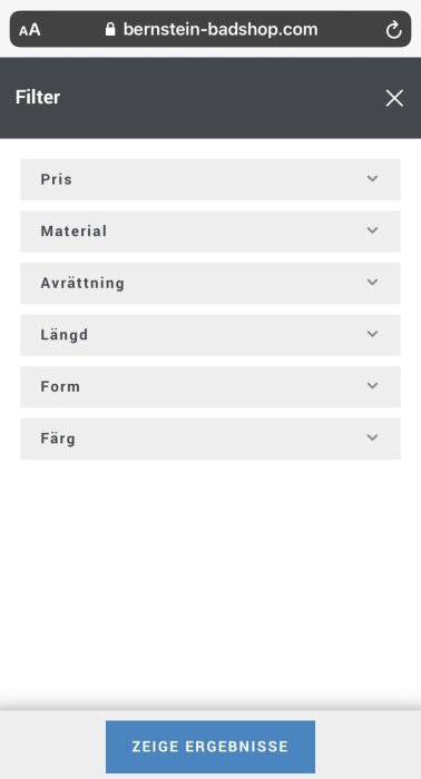 Skärmdump av en webbplatsfiltersida med kategorier som pris, material och färg.