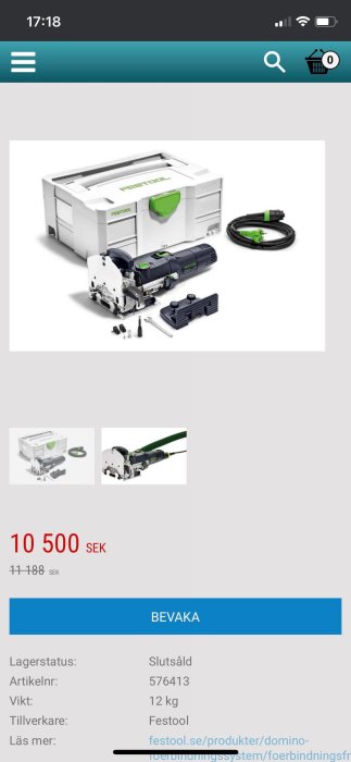 Festool Domino tappmaskin med tillbehör och förpackning, pris och produktinfo på skärmdump från webbutik.