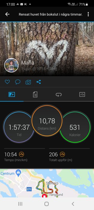 Skärmdump av fitness-app med statistik för en löprunda: tid, distans, kalorier och karta.