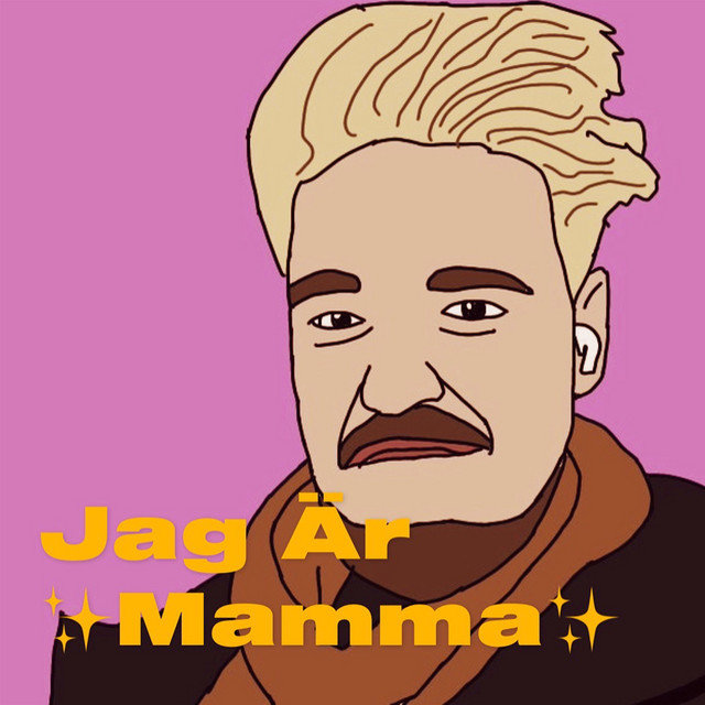 Illustration av en karaktär med texten "Jag Är Mamma" mot en rosa bakgrund.