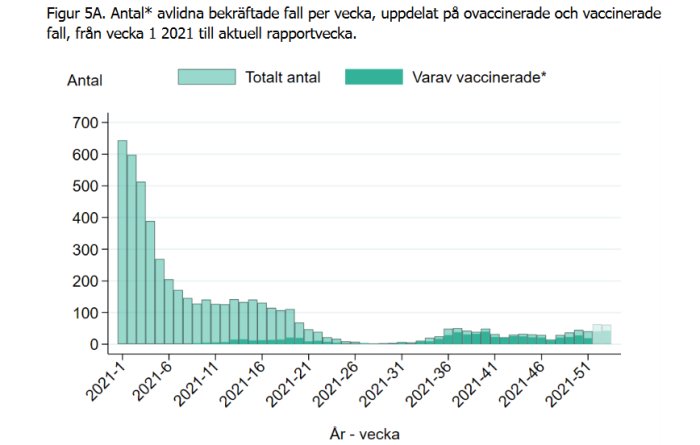 Stapeldiagram som visar antalet avlidna COVID-19 fall per vecka, uppdelade på ovaccinerade och vaccinerade.