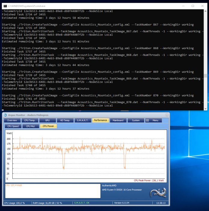 Skärmdump av en dator med öppna kommandoprompt och systemövervakningsverktyg som visar hög CPU-användning.
