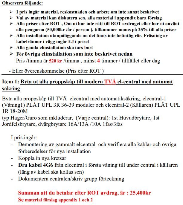 Offert för att byta el i ett äldre hus som visar priser, ROT-avdrag och specifikationer för el-centralen.