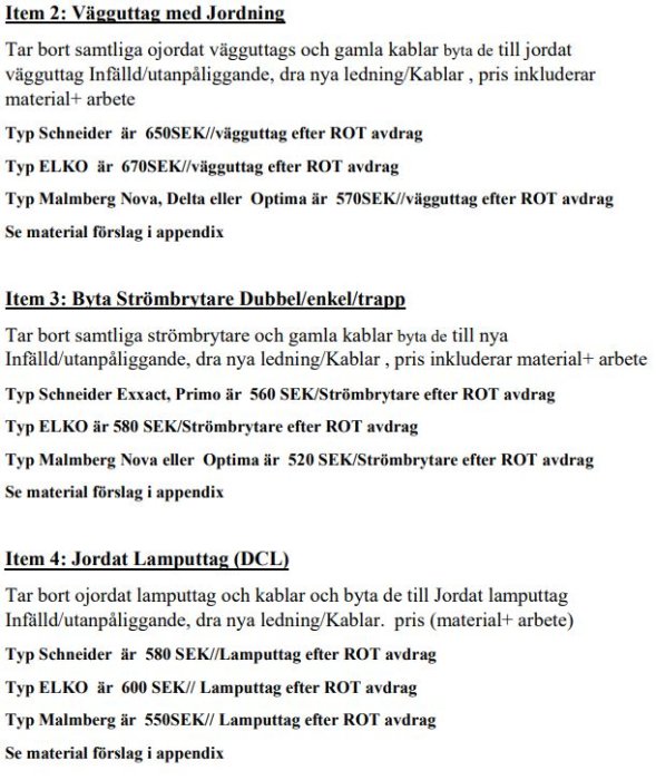 Offertdokument för elektriska installationer, inklusive kostnader för vägguttag, strömbrytare och lampor före och efter ROT-avdrag.