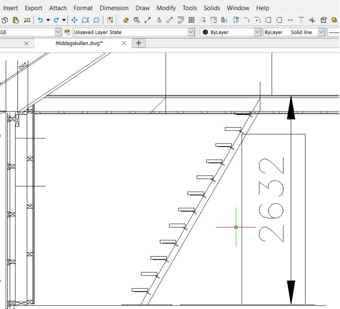 CAD-ritning som visar förberedelse för installation av lofttrappa i ett hus.