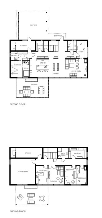 2D-planritning av ett tvåvåningshus med angivna rum som sovrum, kök och vardagsrum.