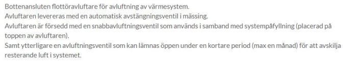 Skärmdump av text som beskriver en bottenansluten flottöravluftare med automatisk avstängningsventil i mässing och snabbavluftningsventil.