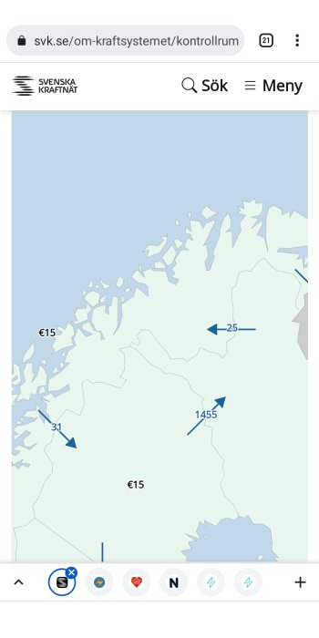 Skärmbild av kraftflödesdata på en webbplats som visar siffror och pilar på en karta.