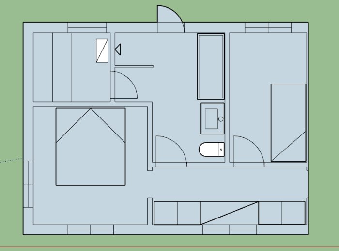 Skiss av ett hus från ovan som visar layouten för en planlösning med potentiell utbyggnad.