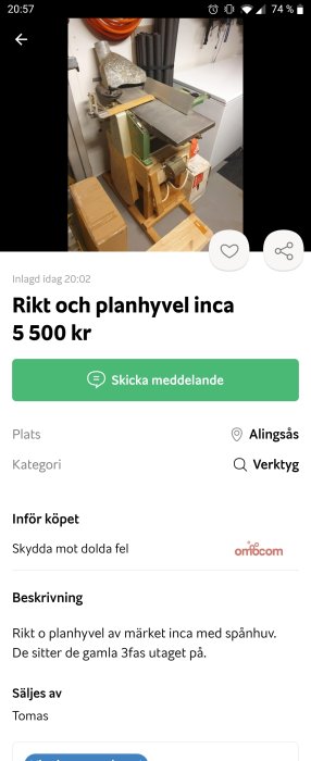 Använd rikt och planhyvel från märket Inca i en verkstad.