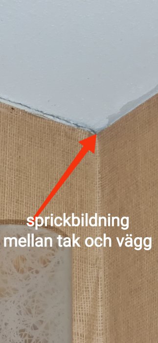 Sprickbildning i hörnet där tak möter tapetserad vägg, markerad med röd pil.