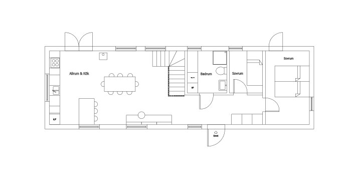 Ritning av planlösning för ett fritidshus med allrum, kök, badrum och sovrum.