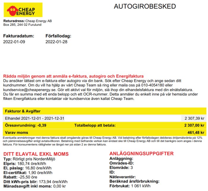 Bild på en redigerad elräkning från Cheap Energy AB med specifikationer och kostnader för elförbrukning.