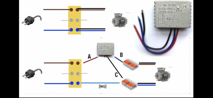 El-schema för installation av motor med kondensator och strömkabel.