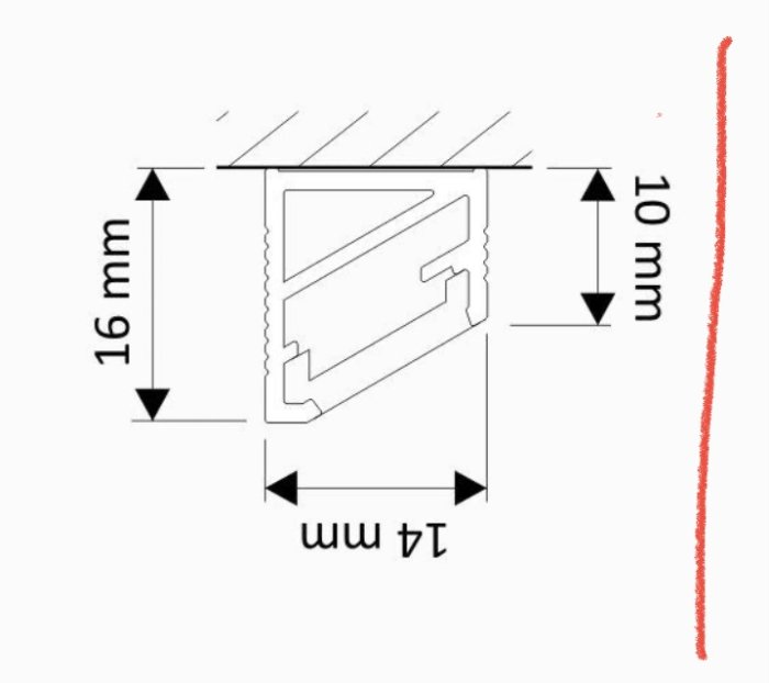 Teknisk ritning av list i profil, 16 mm tjock, med dimensioner, monterad mot en vägg.