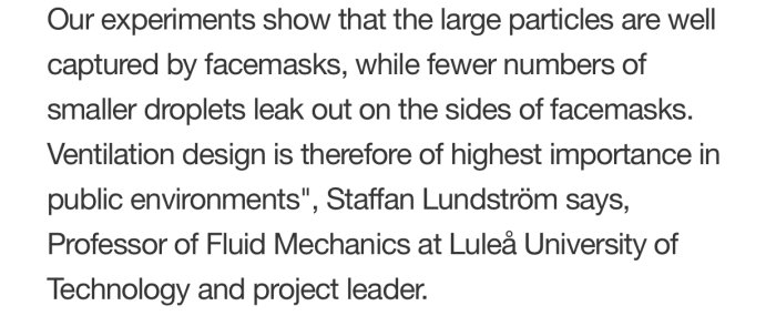 Textutdrag från en forskningsrapport som beskriver hur munskydd fångar stora partiklar och vikten av ventilation.
