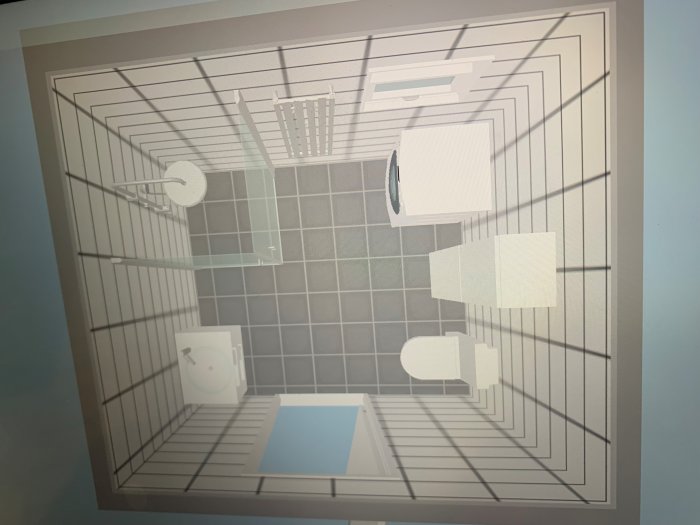 Skiss av badrum med dusch, toalett, handfat och kommod, sett ovanifrån.