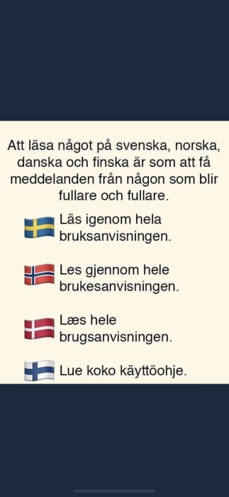 Humoristisk meme som jämför att läsa något på svenska, norska, danska och finska med flaggor och texter.